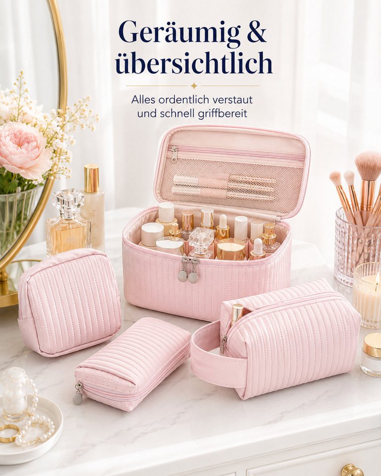 Vornix Kosmetiktasche 4-teiliges Kulturbeutel Set in Rosa (4 verschiedene GroBen Kulturbeutel fur Make-up, Pinsel & Pflegeprodukte, Reise Schminktasche mit Tragegrif fur Alltag und Urlaub)