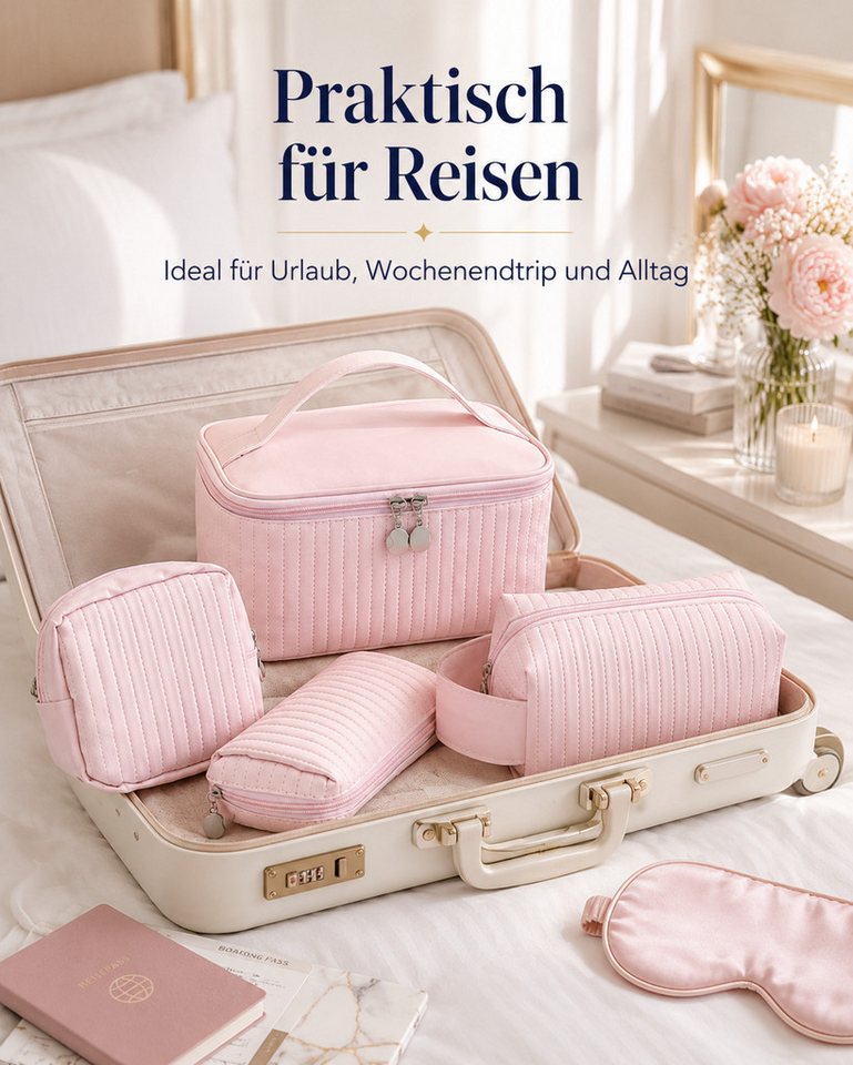Vornix Kosmetiktasche 4-teiliges Kulturbeutel Set in Rosa (4 verschiedene GroBen Kulturbeutel fur Make-up, Pinsel & Pflegeprodukte, Reise Schminktasche mit Tragegrif fur Alltag und Urlaub) Bild 4