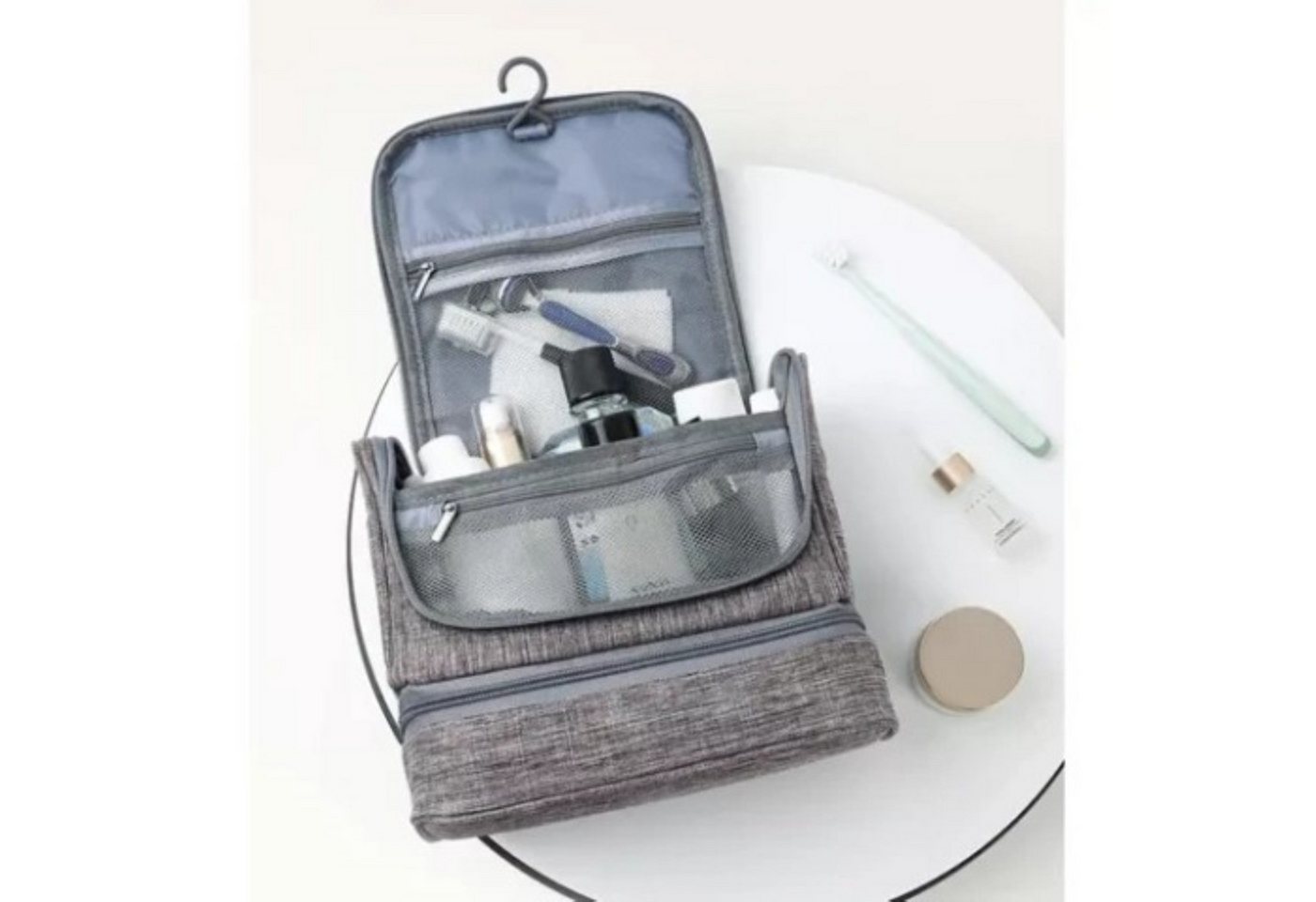 soulima Kosmetiktasche Hängende Kosmetiktasche Reise Kulturbeutel mit Thermofach Grau (Hängende Kosmetiktasche mit Thermofach und vielen Organizer-Fächern, Hängende Kosmetiktasche mit Thermofach und Organizer-Fächern), Wasserabweisend, 11 Fächer, Thermofach, Aufhängehaken