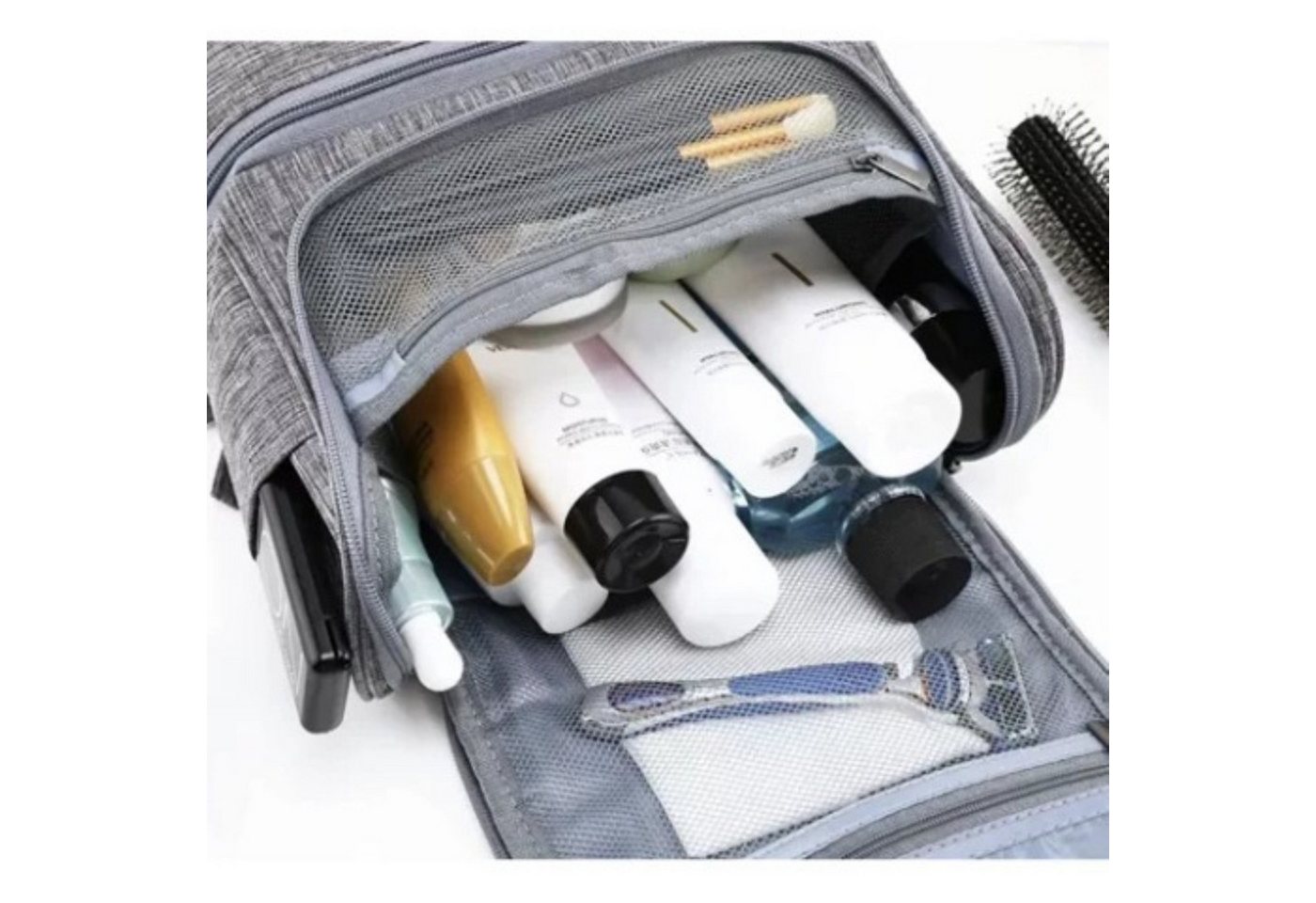 soulima Kosmetiktasche Hängende Kosmetiktasche Reise Kulturbeutel mit Thermofach Grau (Hängende Kosmetiktasche mit Thermofach und vielen Organizer-Fächern, Hängende Kosmetiktasche mit Thermofach und Organizer-Fächern), Wasserabweisend, 11 Fächer, Thermofach, Aufhängehaken Bild 2