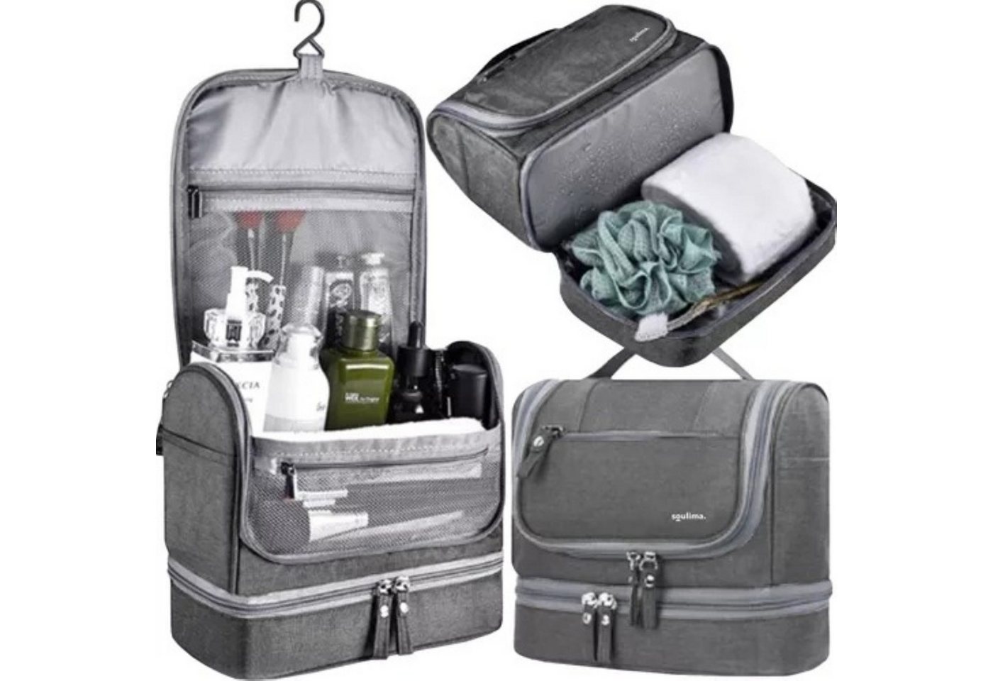 soulima Kosmetiktasche Hängende Kosmetiktasche Reise Kulturbeutel mit Thermofach Grau (Hängende Kosmetiktasche mit Thermofach und vielen Organizer-Fächern, Hängende Kosmetiktasche mit Thermofach und Organizer-Fächern), Wasserabweisend, 11 Fächer, Thermofach, Aufhängehaken Bild 5