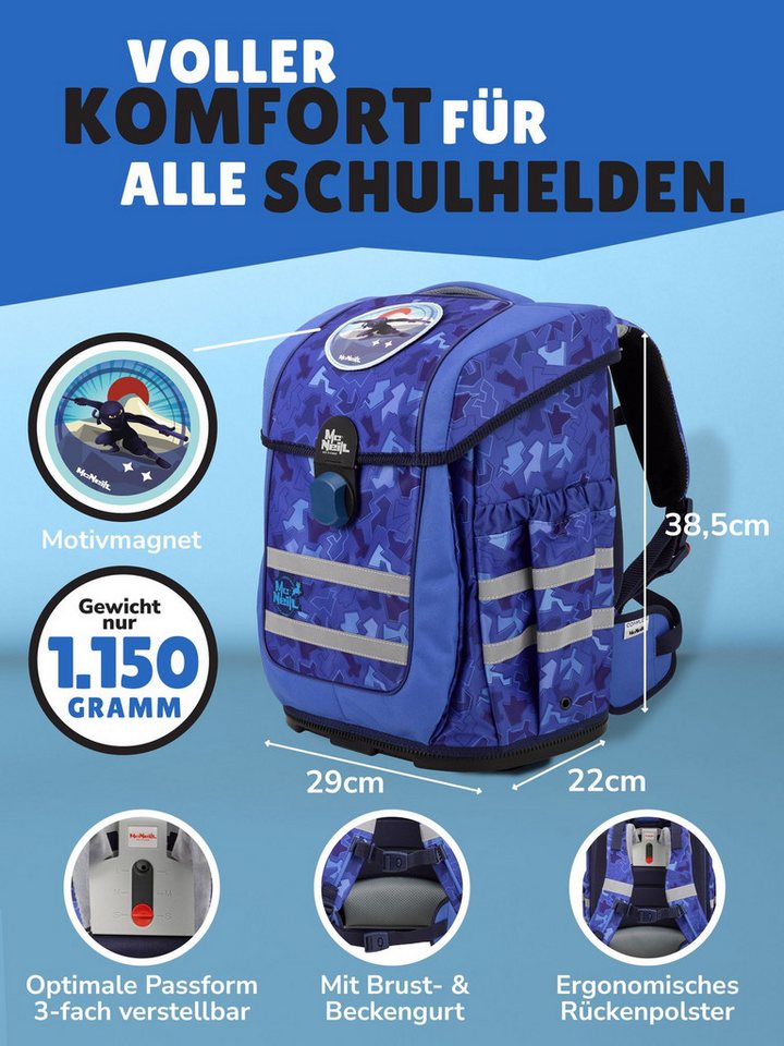 McNeill Schulranzen Ergo Complete "Puzzle" Ninja Schultasche Blau ab der 1. Klasse (Set, 9-tlg., inkl. Federmappe und Sporttasche), ergonomisch, mit Brustgurt, höhenverstellbar - wächst mit dem Kind mit