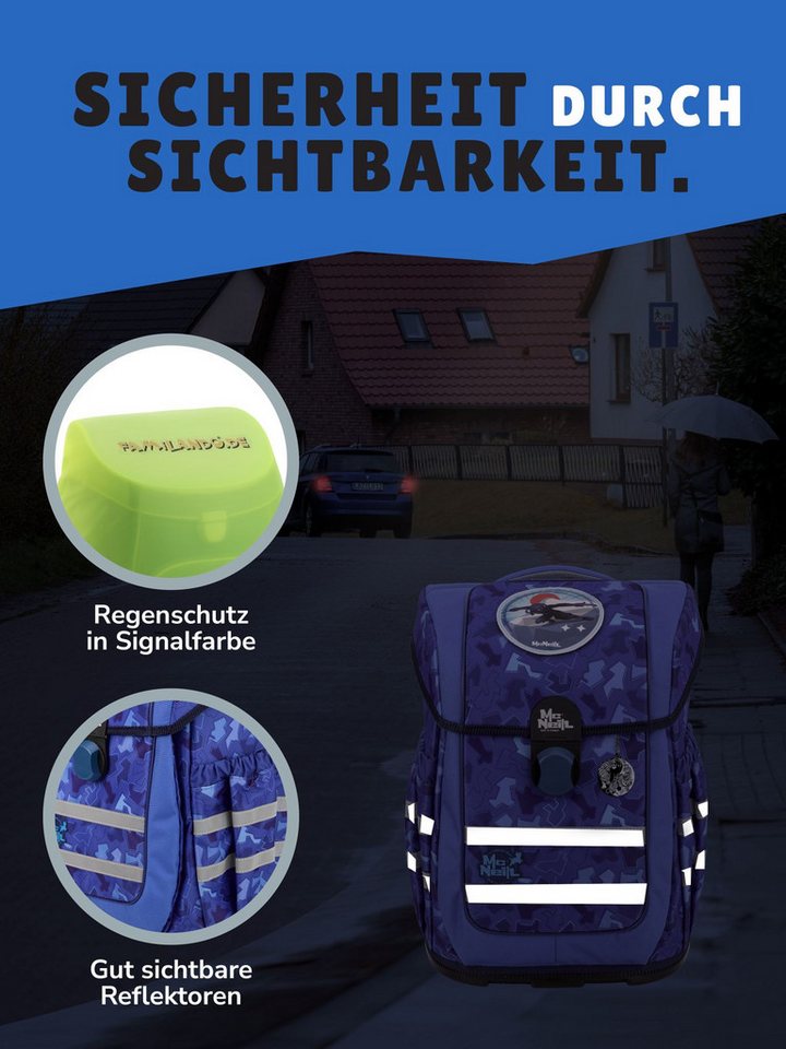 McNeill Schulranzen Ergo Complete "Puzzle" Ninja Schultasche Blau ab der 1. Klasse (Set, 9-tlg., inkl. Federmappe und Sporttasche), ergonomisch, mit Brustgurt, höhenverstellbar - wächst mit dem Kind mit Bild 2