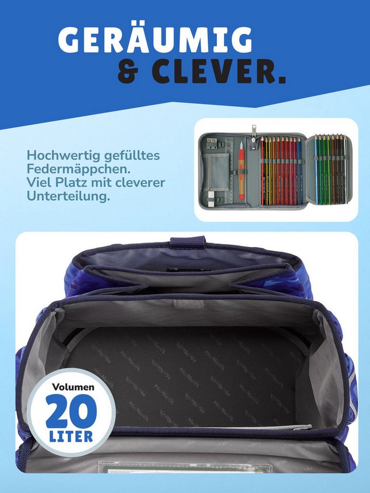 McNeill Schulranzen Ergo Complete "Puzzle" Ninja Schultasche Blau ab der 1. Klasse (Set, 9-tlg., inkl. Federmappe und Sporttasche), ergonomisch, mit Brustgurt, höhenverstellbar - wächst mit dem Kind mit Bild 5