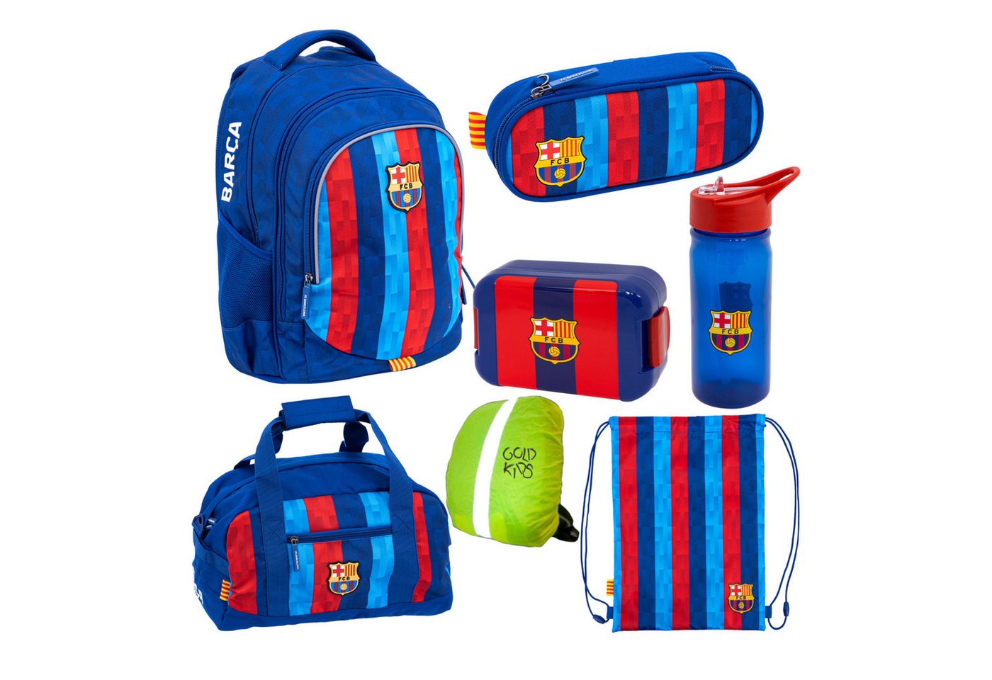 GOLDKIDS Schulranzen für Jungen und Mädchen, 7er-Set - (Schul-Rucksack für, 1-tlg., Kinder mit Schlampermäppchen), Schuhbeutel Trinkflasche und Brotdose- FC Barcelona Bild 2