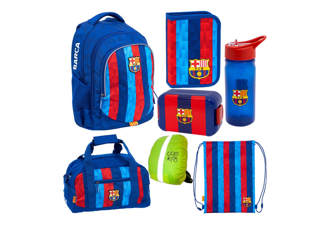 GOLDKIDS Schulranzen für Jungen und Mädchen, 7er-Set - (Schul-Rucksack für, 1-tlg., Kinder mit Federmäppchen), Schuhbeutel Trinkflasche und Brotdose- FC Barcelona