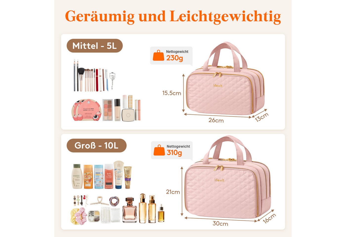Lifewit Kulturbeutel Reise Kulturtasche Damen, Wasserabweisende Kulturbeutel mit Nassfach (Set, 1-er, B/H/T 13/15.5/26 cm), Tragbar Bild 3