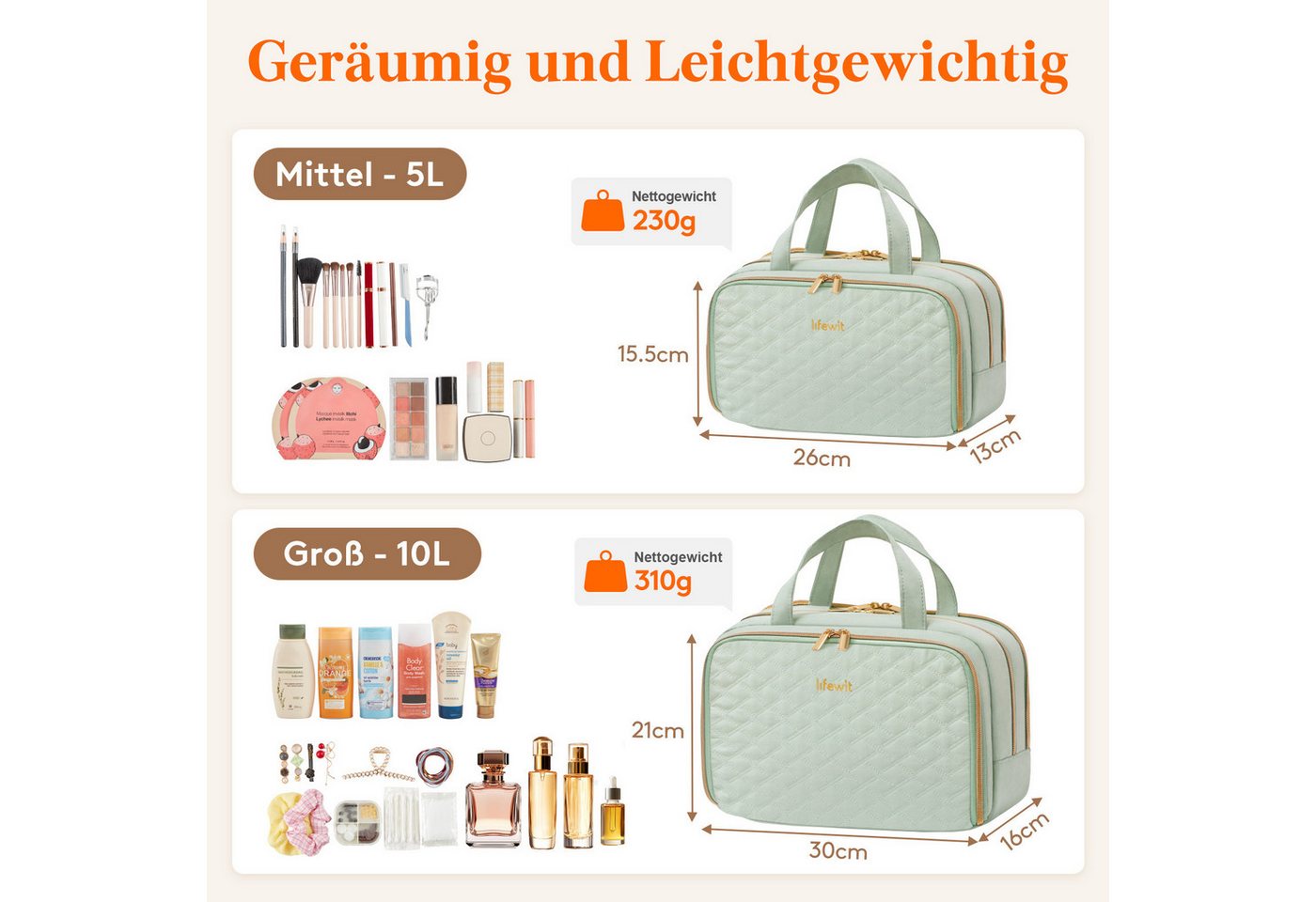 Lifewit Kulturbeutel Reise Kulturtasche Damen, Wasserabweisende Kulturbeutel mit Nassfach (Set, 1-er, B/H/T 16/21/30 cm), Tragbar Bild 4