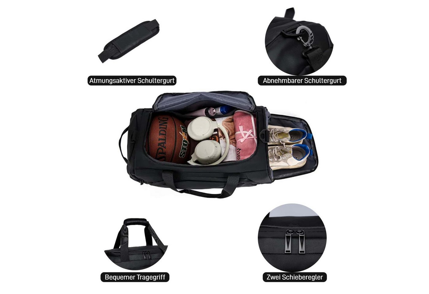 wohnTRAUM24 Sporttasche Reisetasche mit Schuhfach und Nassfach, verstellbaren Schultergurten (40L Wasserdicht Fitnesstasche Trainingstasche für Herren Damen, Schwarz), Große Kapazität Travel Gym Tasche Duffle Bag Fitnesstasche Bild 4