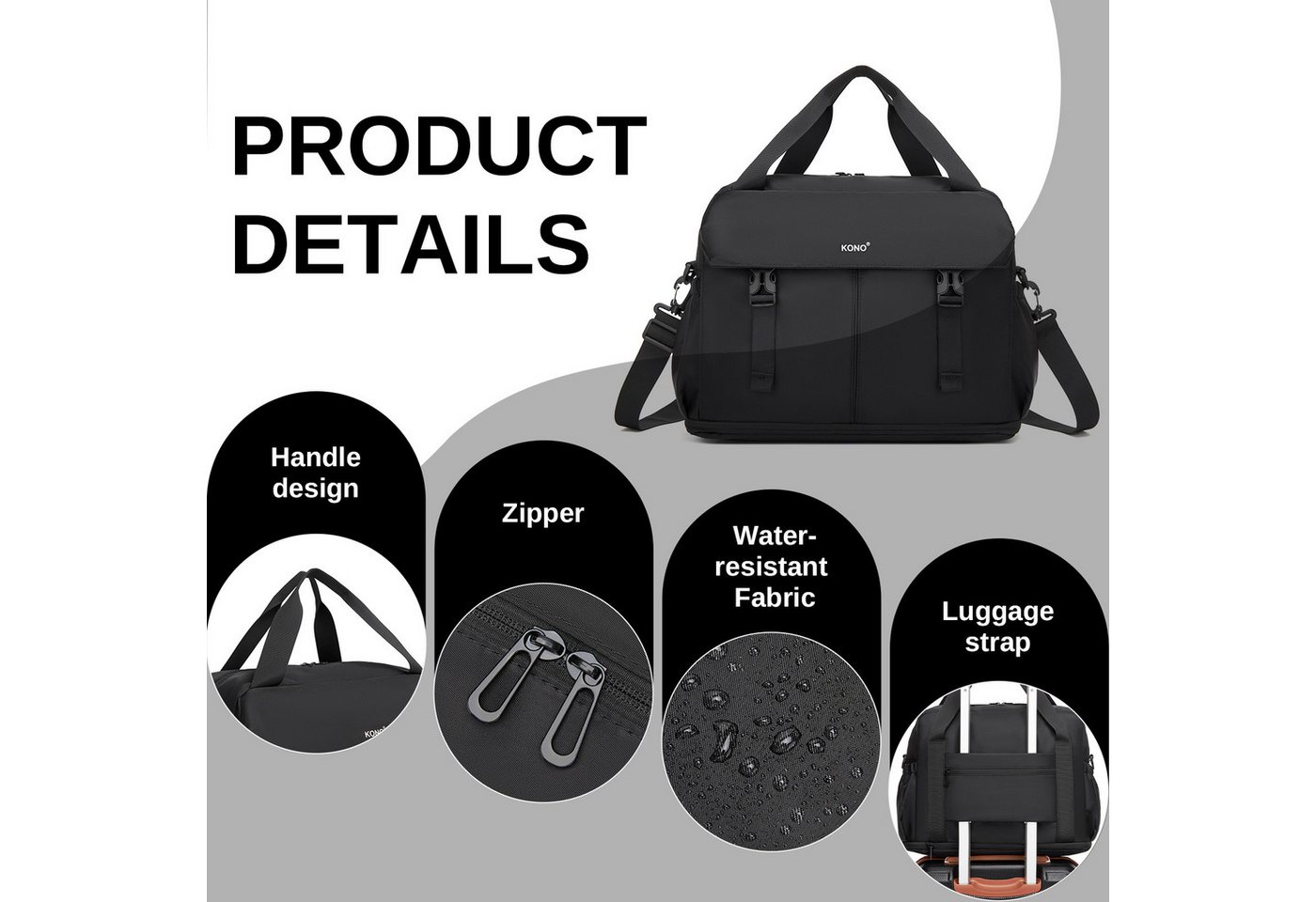 KONO Reisetasche Handgepäck 40×30×20cm mit Schuhfach & Nassfach, erweiterbar auf H42cm Bild 2
