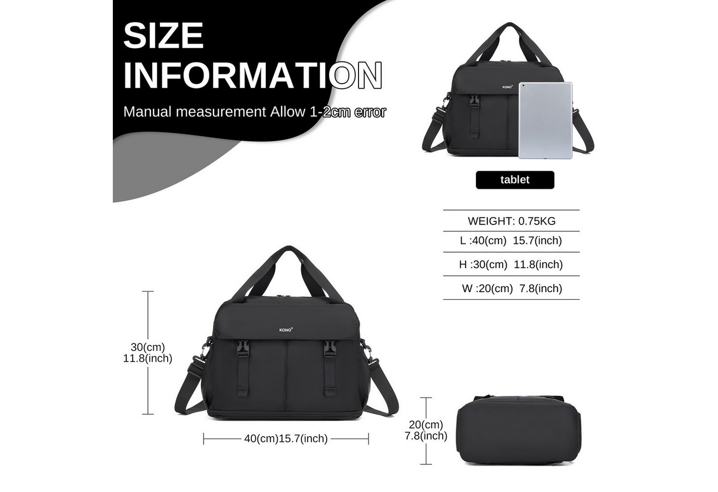 KONO Reisetasche Handgepäck 40×30×20cm mit Schuhfach & Nassfach, erweiterbar auf H42cm Bild 4