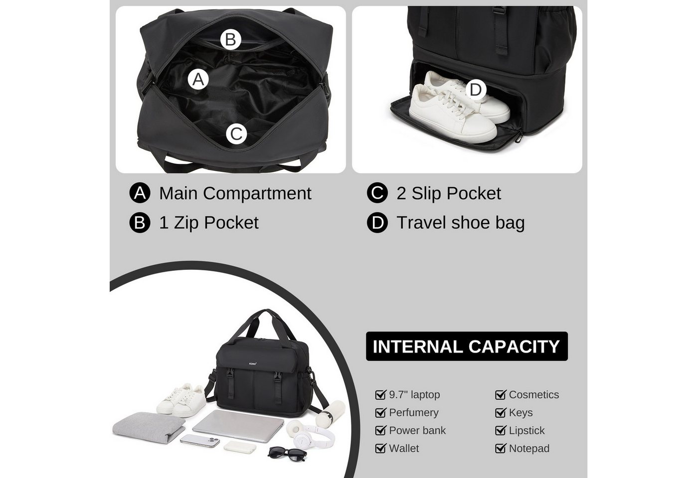 KONO Reisetasche Handgepäck 40×30×20cm mit Schuhfach & Nassfach, erweiterbar auf H42cm Bild 5