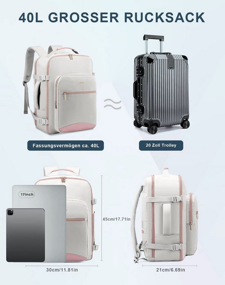 OKWISH Reiserucksack Laptoprucksack Freizeitrucksack Schulrucksack (Handgepäck Business Backpack, USB Anschluss, Anti-Diebstahl, mit Laptopfach, 40L Groß), für Freizeit Arbeit Business Reisen Herren Damen Jungen Teenager Bild 4
