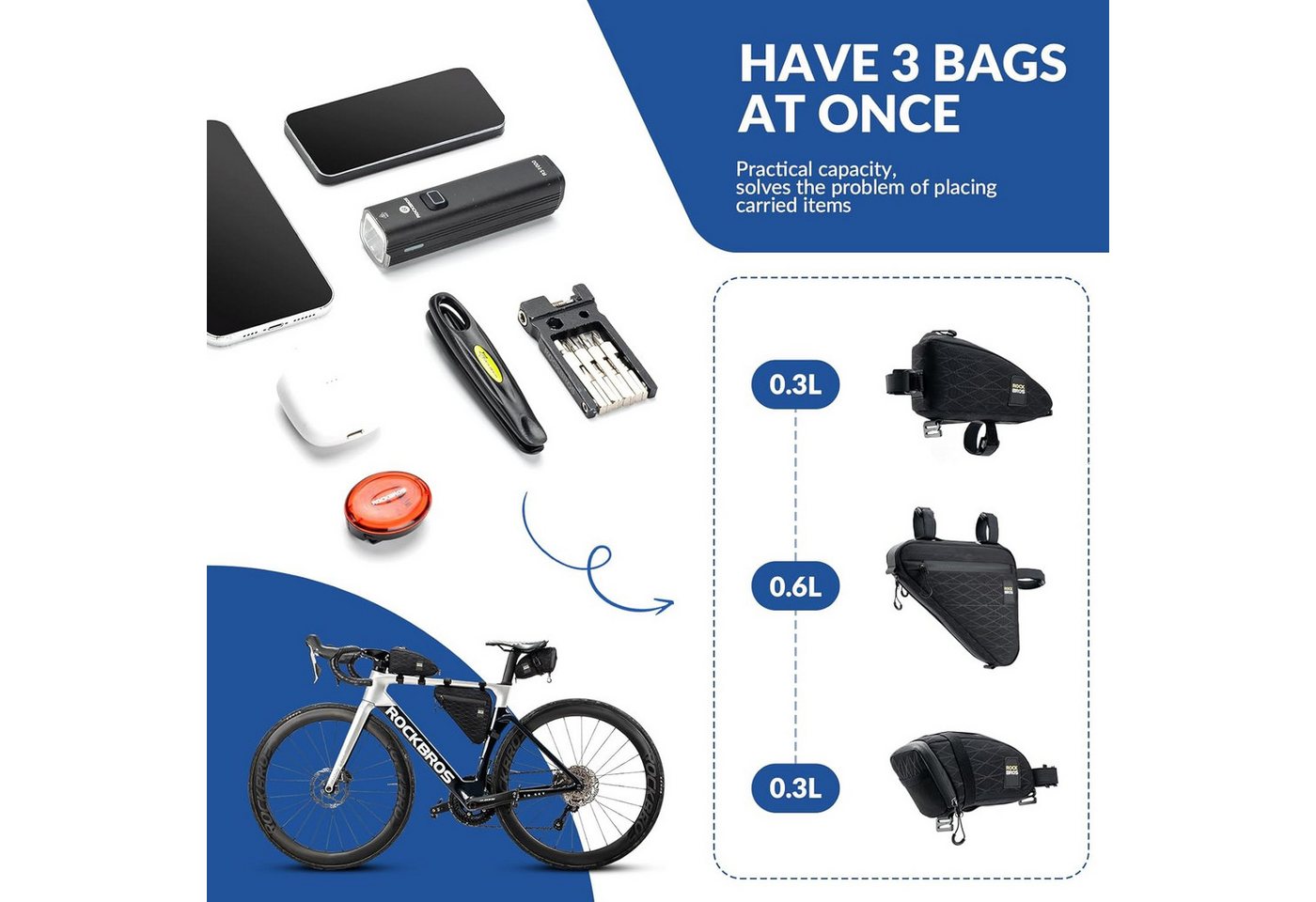 ROCKBROS Fahrradtasche Set Rahmentasche*2 + Satteltasche*1 Abnehmbare Tragbare ca.1,2L (3-tlg) Bild 2