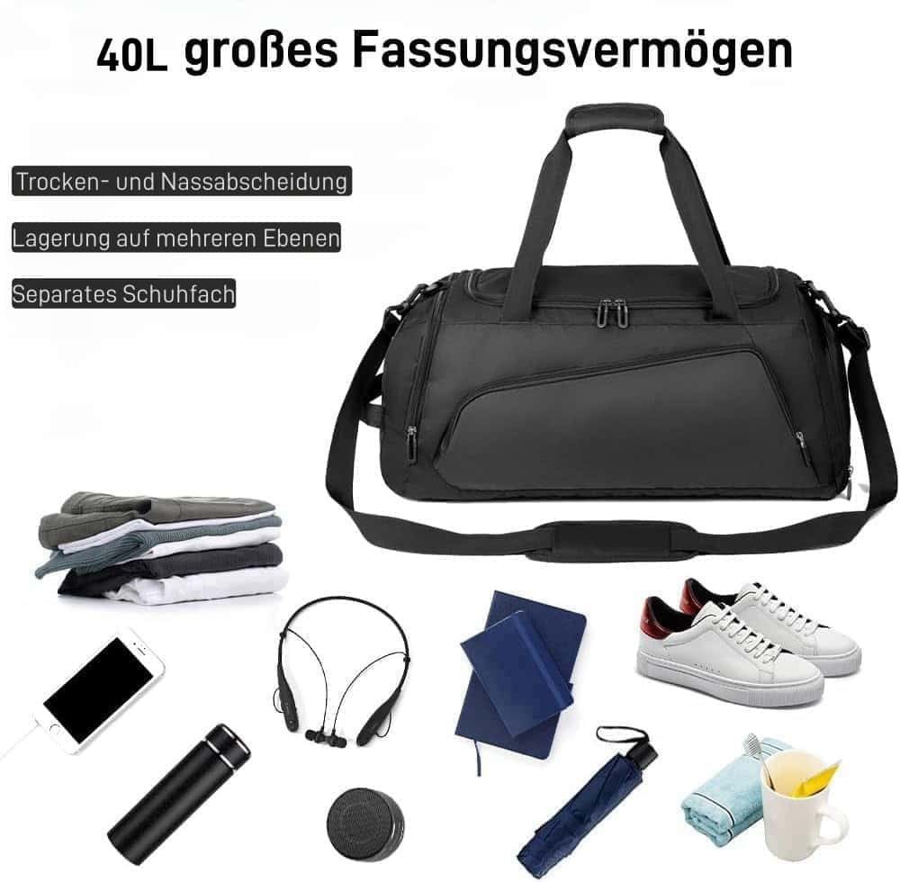 Forrlite Sporttasche Reisetasche mit Schuhfach und Nassfach, verstellbaren Schultergurten (40L Wasserdicht Fitnesstasche Trainingstasche für Herren Damen, Schwarz), Große Kapazität Travel Gym Tasche Duffle Bag Fitnesstasche Bild 2