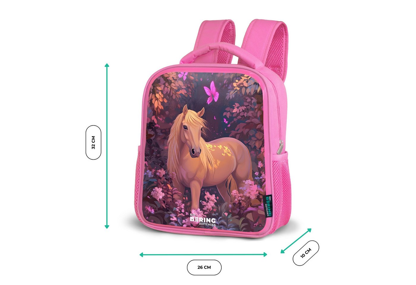 NoBoringSuitcases.com© Rucksack Rosa - Pferd - Blumen - Lila - Schmetterling, Kinderrucksack, Schulrucksack, Freizeitrucksack, Mädchen, Kindergarten Bild 2