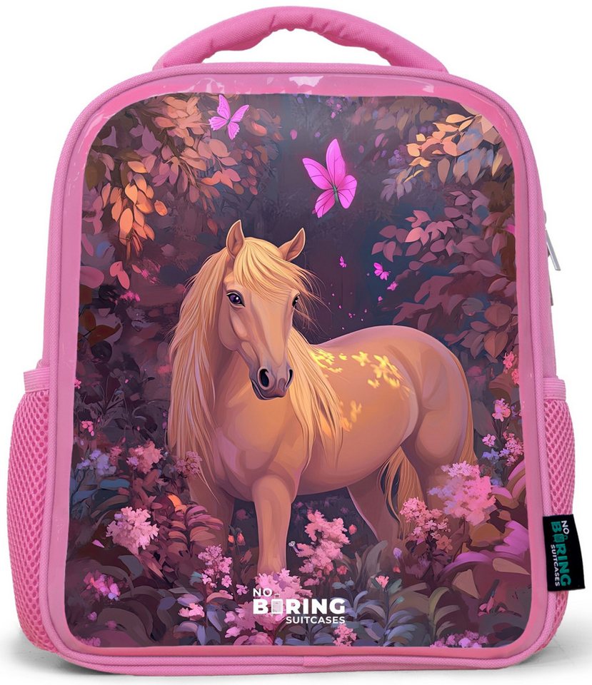 NoBoringSuitcases.com© Rucksack Rosa - Pferd - Blumen - Lila - Schmetterling, Kinderrucksack, Schulrucksack, Freizeitrucksack, Mädchen, Kindergarten Bild 3