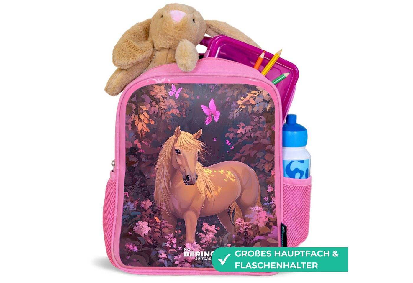 NoBoringSuitcases.com© Rucksack Rosa - Pferd - Blumen - Lila - Schmetterling, Kinderrucksack, Schulrucksack, Freizeitrucksack, Mädchen, Kindergarten Bild 4
