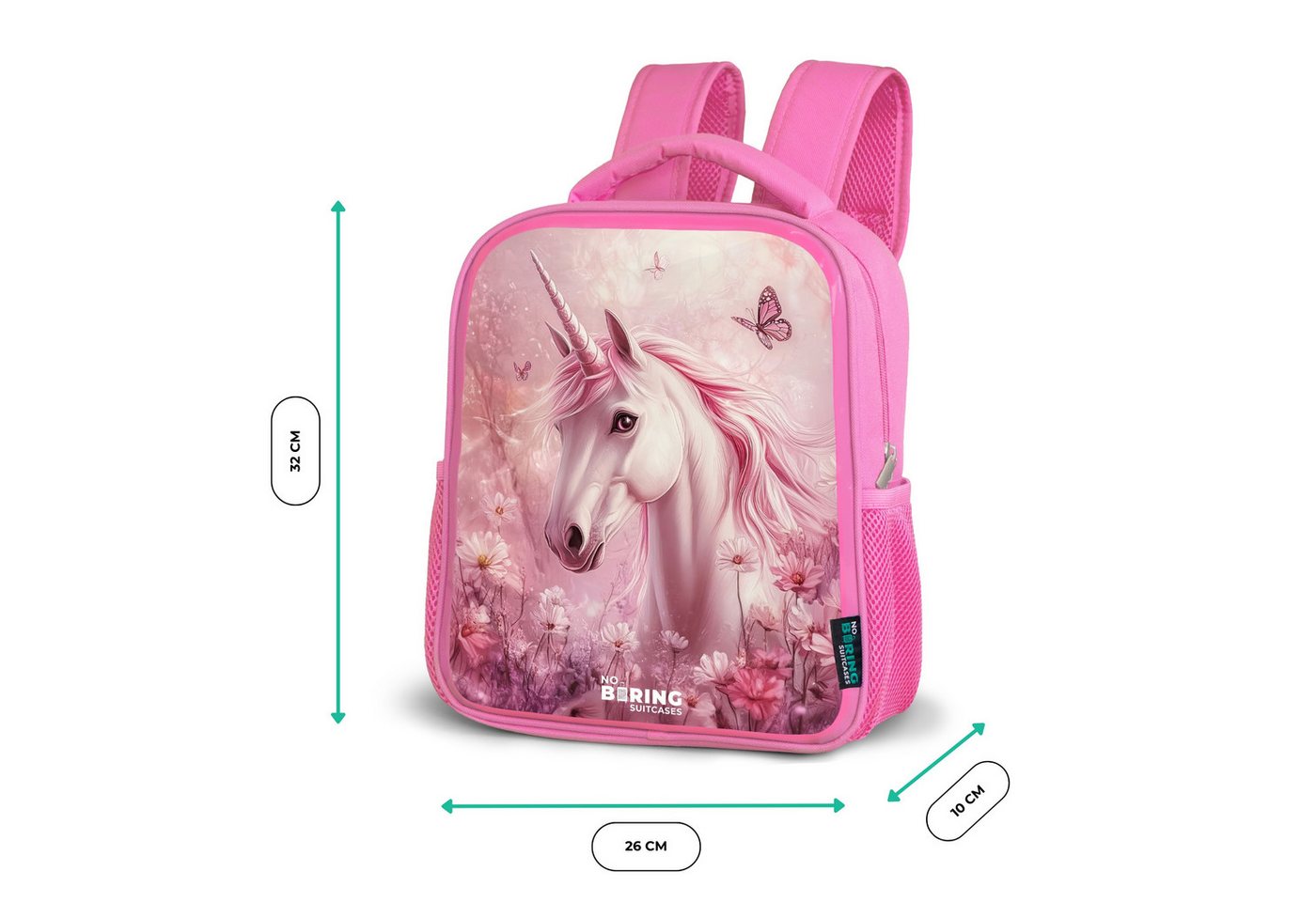 NoBoringSuitcases.com© Rucksack Rosa - Einhorn - Rosa - Schmetterlinge - Blumen, Kinderrucksack, Schulrucksack, Freizeitrucksack, Mädchen, Kindergarten Bild 2