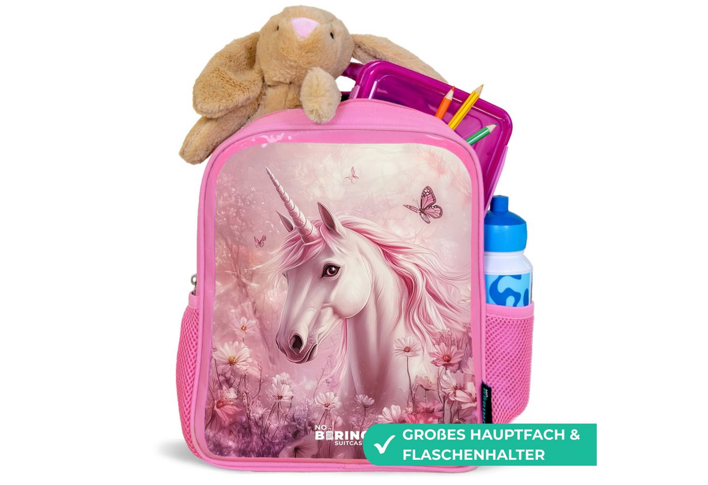 NoBoringSuitcases.com© Rucksack Rosa - Einhorn - Rosa - Schmetterlinge - Blumen, Kinderrucksack, Schulrucksack, Freizeitrucksack, Mädchen, Kindergarten Bild 5