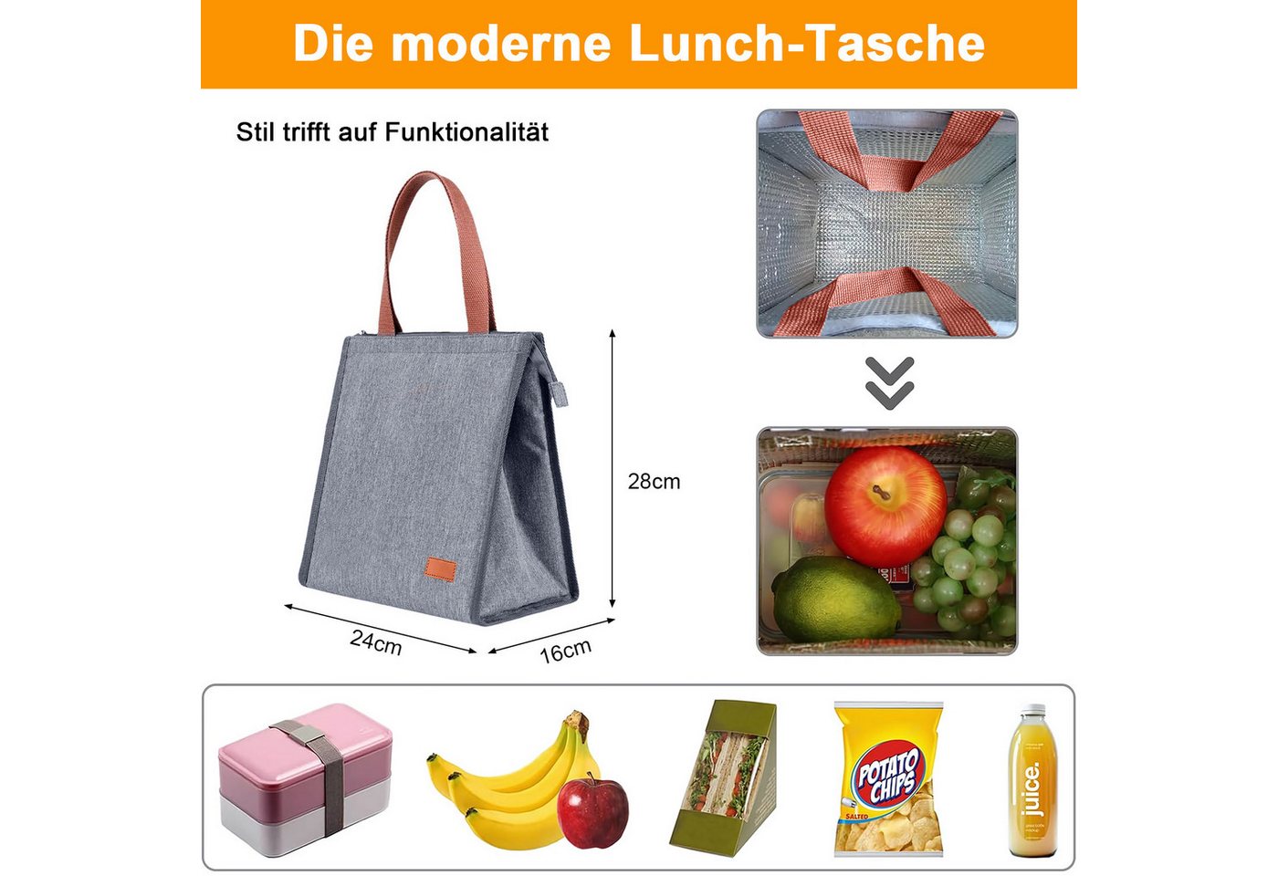 HEYHIPPO Einkaufsshopper Isolierte Lunchtasche–wiederverwendbar, ideal für Arbeit & Reisen,grau, Kühltasche für Mahlzeiten–Thermobeutel für Schule & Büro,24×16×28 cm Bild 3
