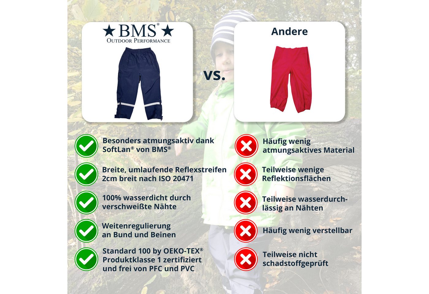 BMS Regen- und Matschhose atmungsaktive Regenbundhose für Kinder - 100% wasserdicht elastikbund mit Tunnelzug Bild 2