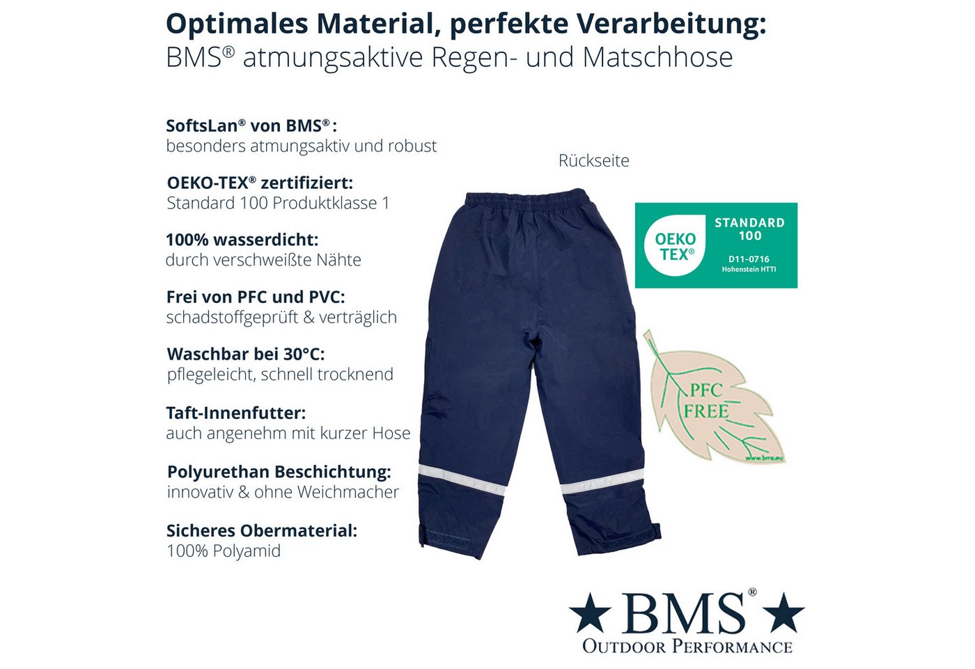BMS Regen- und Matschhose atmungsaktive Regenbundhose für Kinder - 100% wasserdicht elastikbund mit Tunnelzug Bild 3