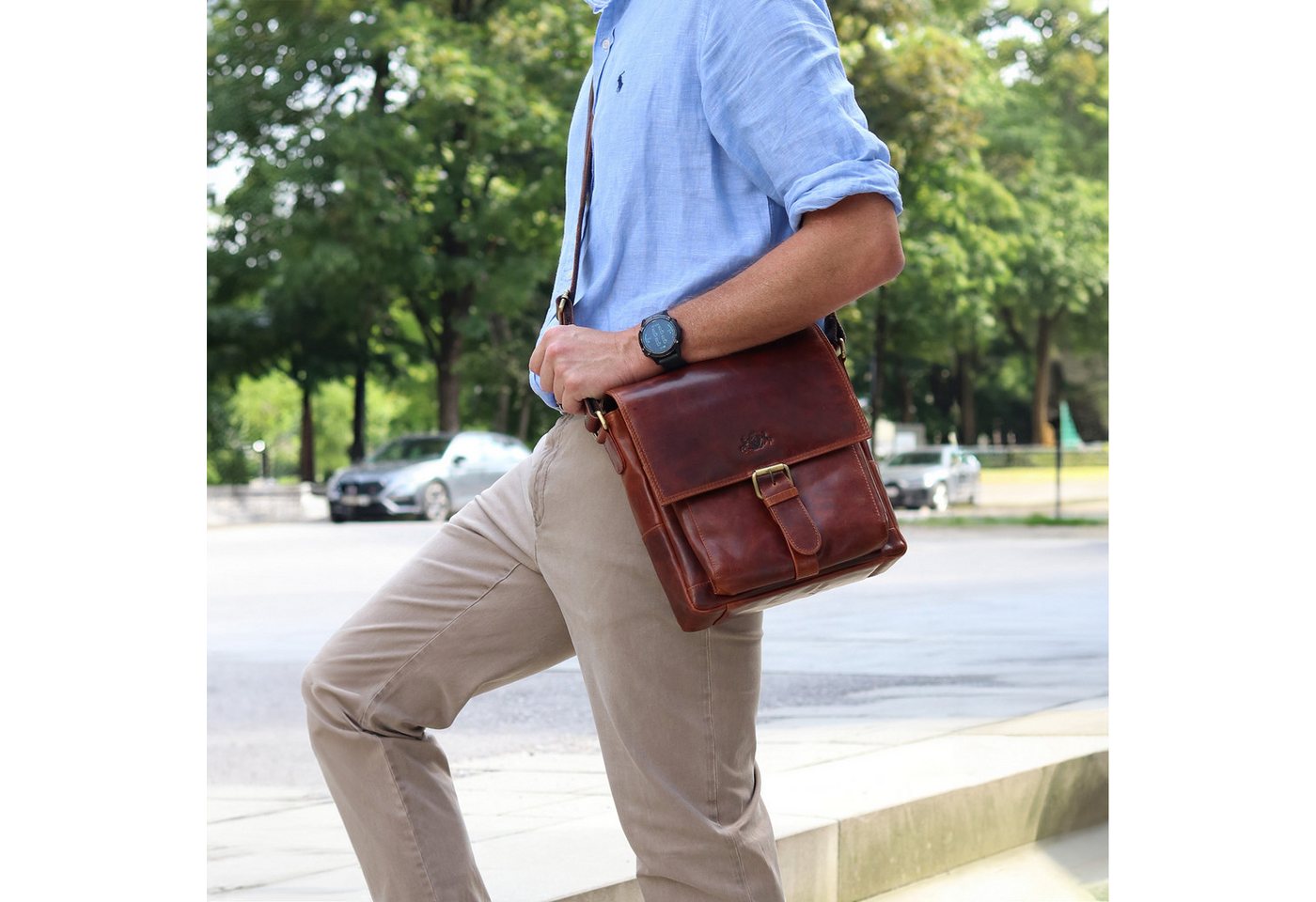 SID & VAIN Messenger Bag echt Leder Ledertasche groß Ledertasche cognac NICO, Umhängetasche echt Leder Unisex, Crossbody Bag hellbraun Bild 2