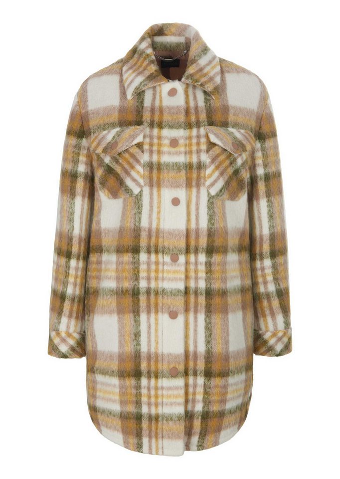 MADELEINE Outdoorjacke Lange Jacke, Karomuster, Hemdkragen Kariertes Allover-Design, klassischer Kragen, Knopfdetails