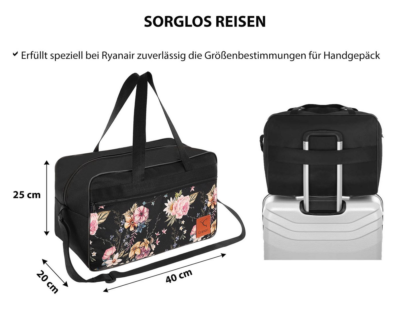Granori Reisetasche 40x20x25 / 40x30x20 cm mit Blumenmuster (Handgepäck-Tasche für Damen), mit Seitentasche und Koffergriff-Schlaufe Bild 4