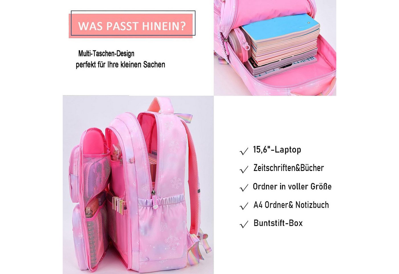 Forrlite Schulrucksack Kinderrucksack Mädchen, Schulranzen mit Großer Kapazität (Schulränzen Madchen 1-6. klasse, Leichte und Wasserdichte Nylon Schultasche), für Kinder Schule oder Reisen Bild 4