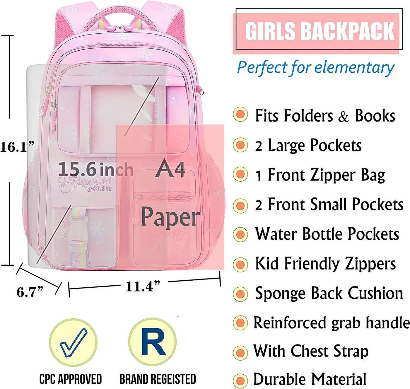 Forrlite Schulrucksack Kinderrucksack Mädchen, Schulranzen mit Großer Kapazität (Schulränzen Madchen 1-6. klasse, Leichte und Wasserdichte Nylon Schultasche), für Kinder Schule oder Reisen Bild 5
