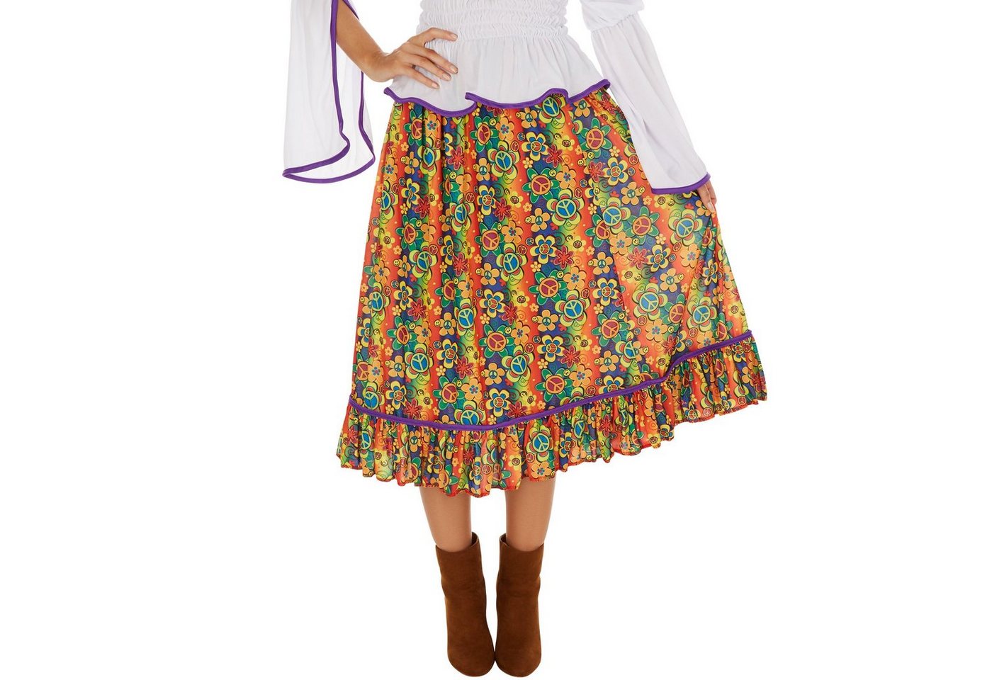 dressforfun Hippie-Kostüm Blumenkind/Friedensfreund, in bunt, Inkl. Haarband, Ausgestellte, Gr. L, Hipper langer Rock, Rock mit Blumenprint im Retrolook der 70er