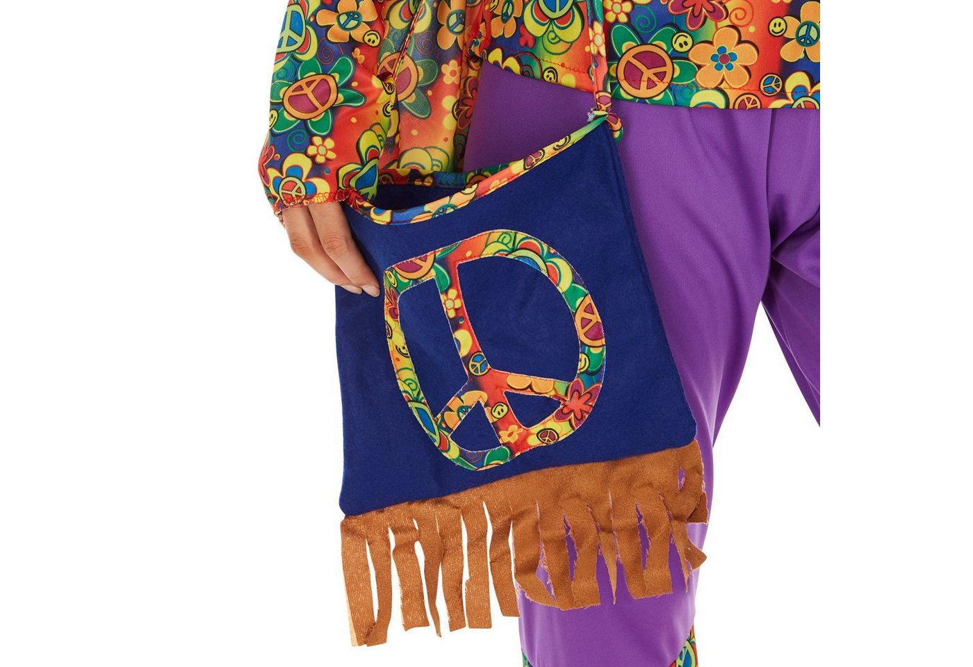 dressforfun Hippie-Kostüm Blumenkind/Friedensfreund, in bunt, Gr. XL, Peace-Umhängetasche, Jersey-Oberteil mit ausgestellten Ärmeln, Schlaghose, 60er-/70er-Look