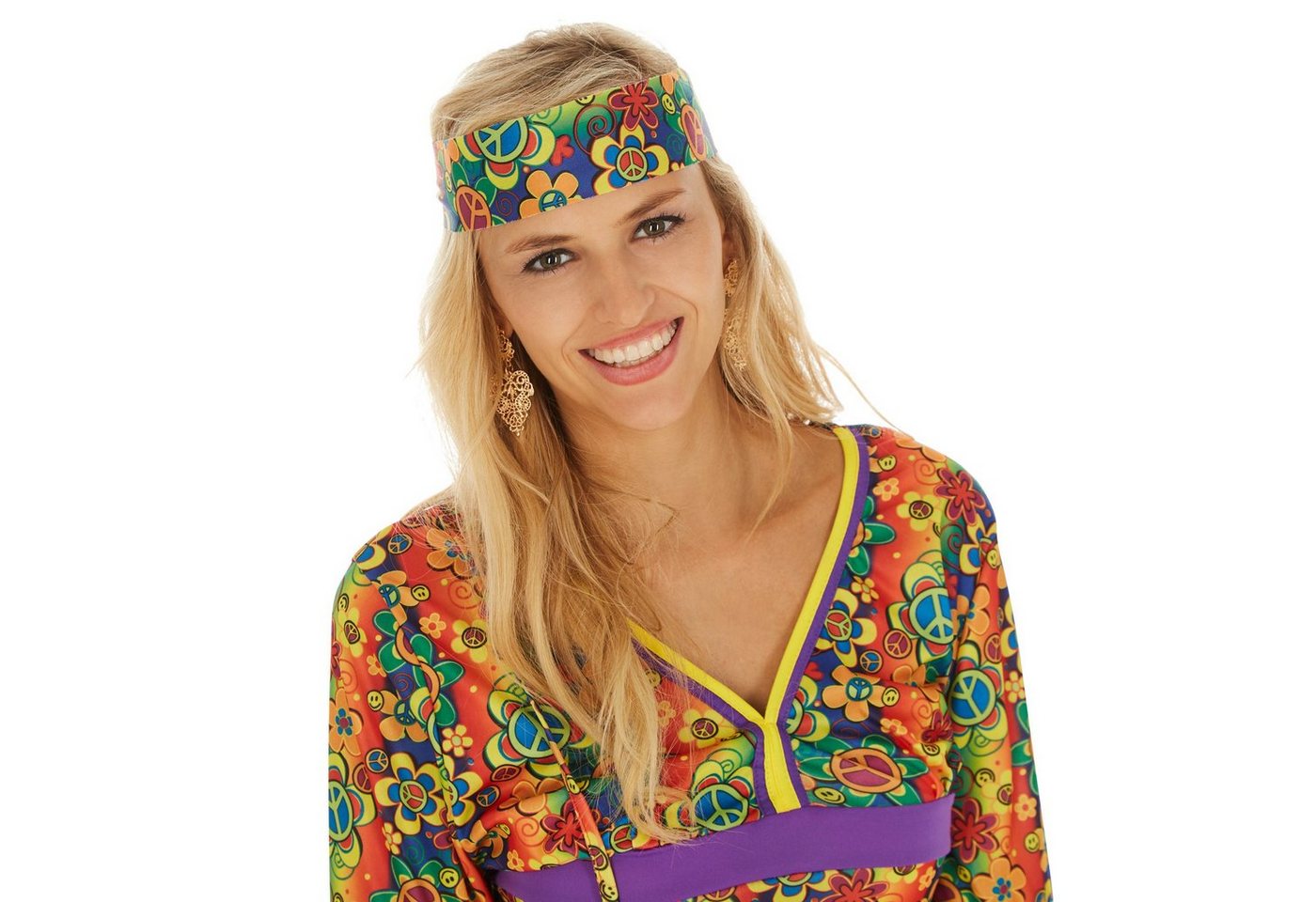 dressforfun Hippie-Kostüm Blumenkind/Friedensfreund, in bunt, Gr. XL, Peace-Umhängetasche, Jersey-Oberteil mit ausgestellten Ärmeln, Schlaghose, 60er-/70er-Look Bild 2