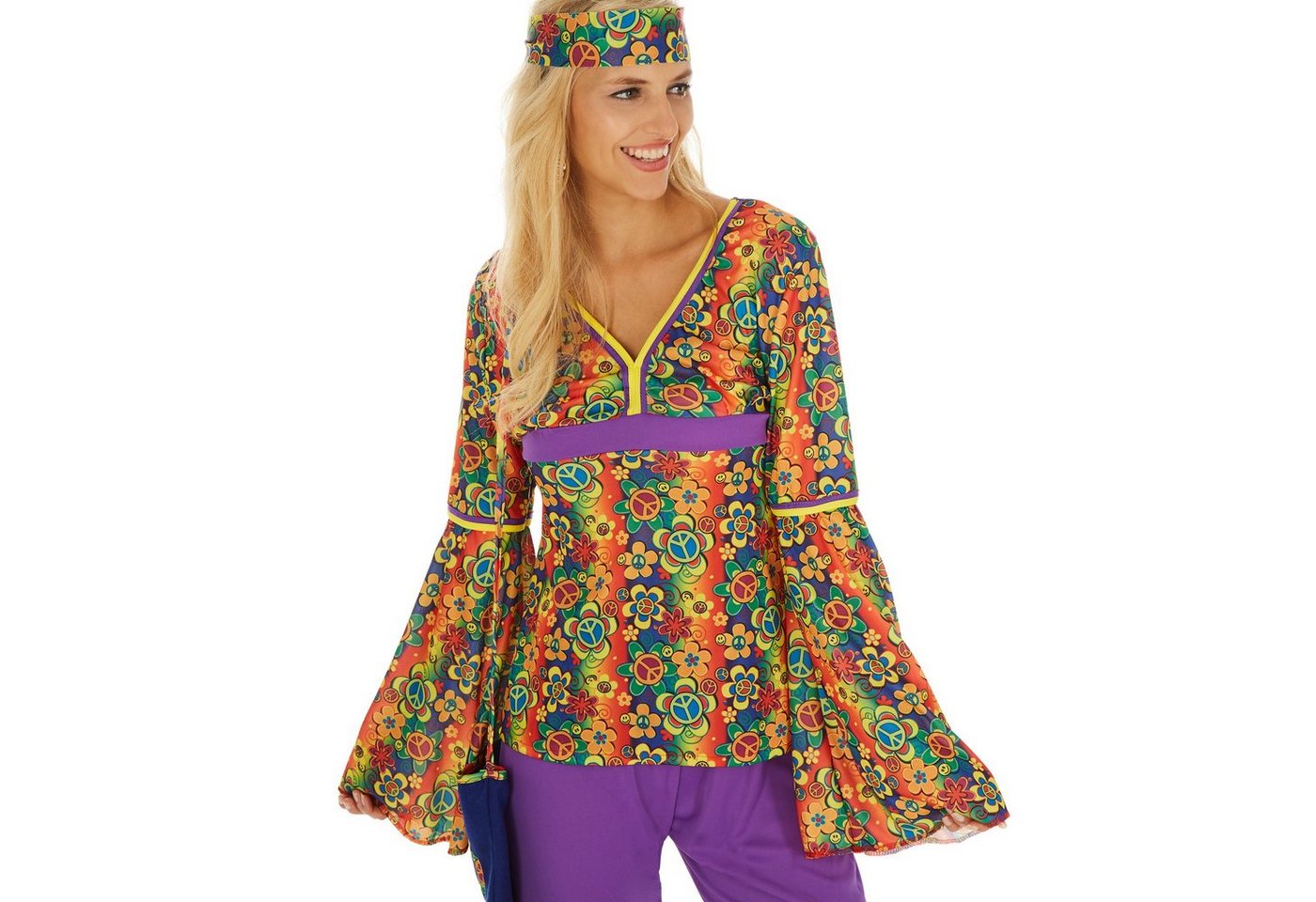 dressforfun Hippie-Kostüm Blumenkind/Friedensfreund, in bunt, Gr. XL, Peace-Umhängetasche, Jersey-Oberteil mit ausgestellten Ärmeln, Schlaghose, 60er-/70er-Look Bild 3