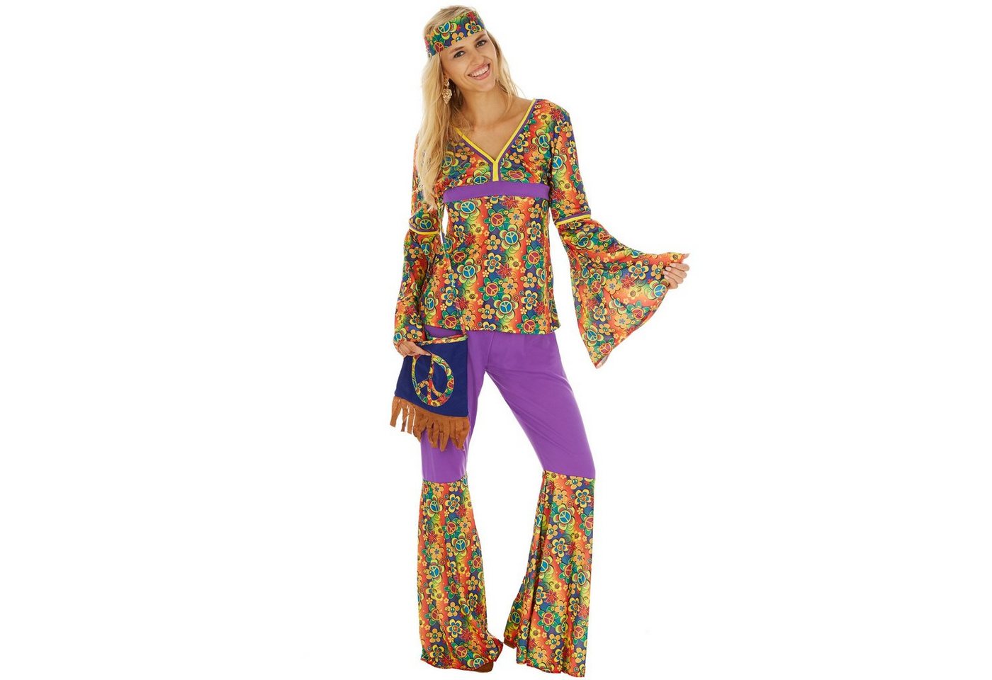 dressforfun Hippie-Kostüm Blumenkind/Friedensfreund, in bunt, Gr. XL, Peace-Umhängetasche, Jersey-Oberteil mit ausgestellten Ärmeln, Schlaghose, 60er-/70er-Look Bild 4