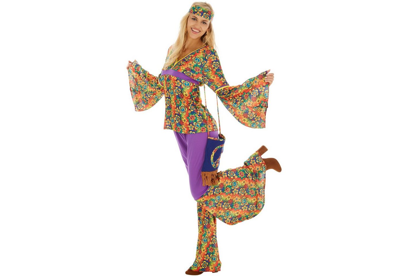 dressforfun Hippie-Kostüm Blumenkind/Friedensfreund, in bunt, Gr. XL, Peace-Umhängetasche, Jersey-Oberteil mit ausgestellten Ärmeln, Schlaghose, 60er-/70er-Look Bild 5