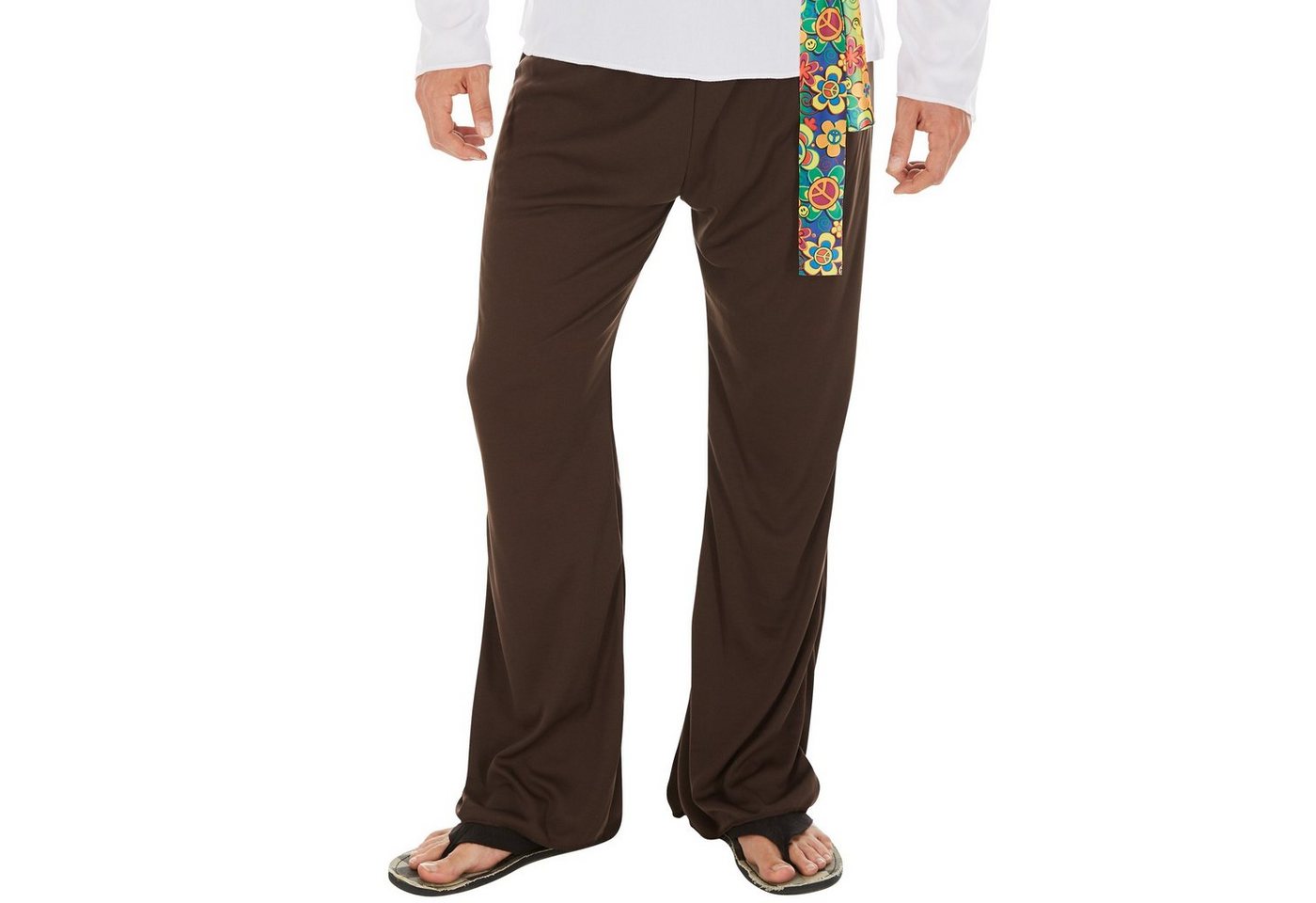 dressforfun Hippie-Kostüm Blumenkind/Friedensfreund, in braun/weiß, Gr. L, Inkl. Haarband, Jersey-Elastik-Langarmshirt, Schlaghose mit Gummizug, Bindegürtel