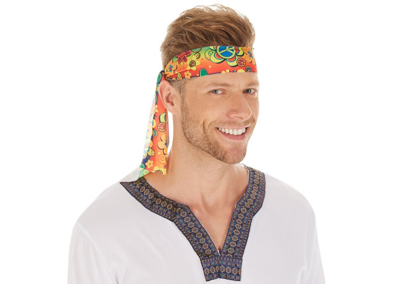 dressforfun Hippie-Kostüm Blumenkind/Friedensfreund, in braun/weiß, Gr. L, Inkl. Haarband, Jersey-Elastik-Langarmshirt, Schlaghose mit Gummizug, Bindegürtel Bild 3
