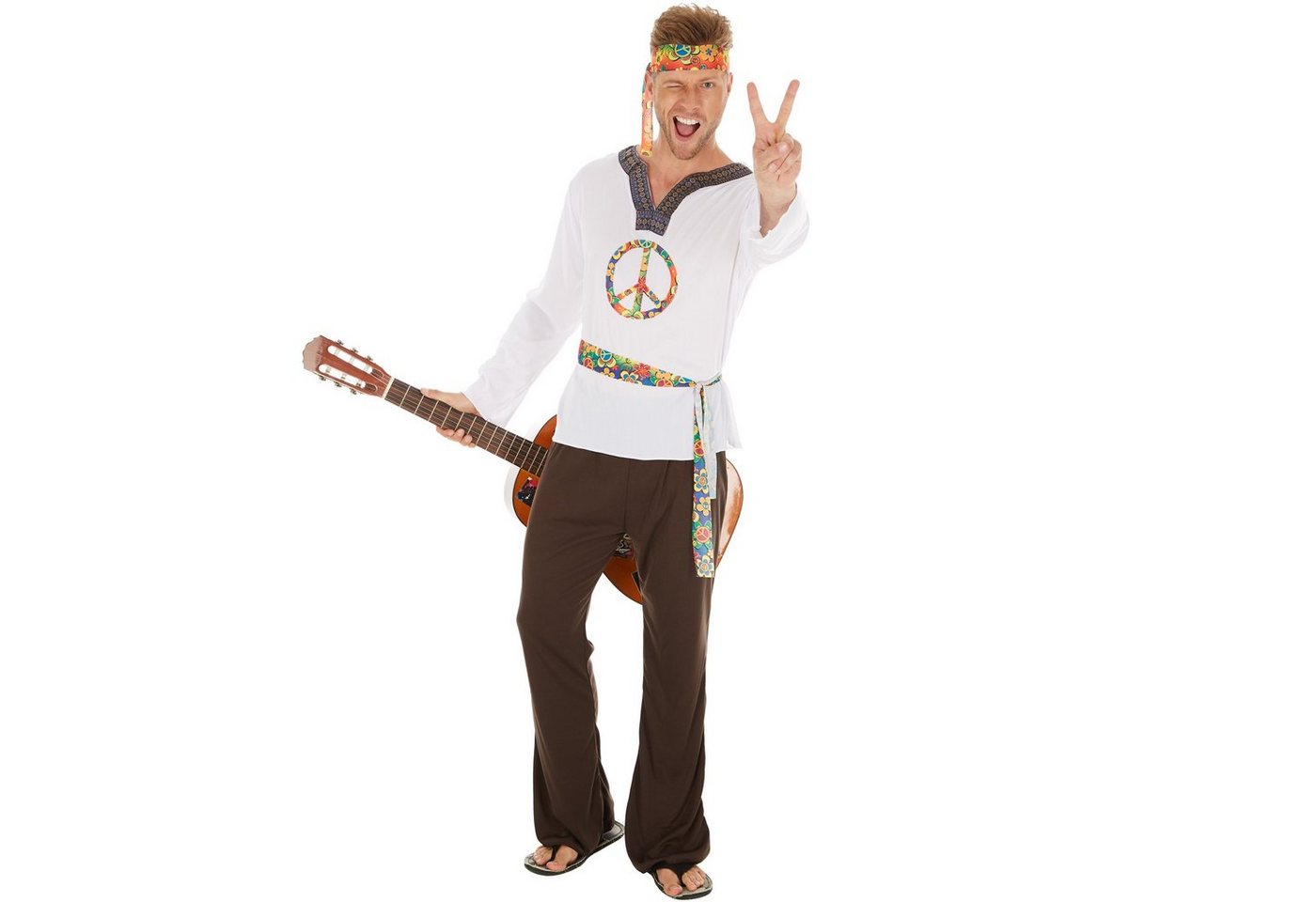 dressforfun Hippie-Kostüm Blumenkind/Friedensfreund, in braun/weiß, Gr. L, Inkl. Haarband, Jersey-Elastik-Langarmshirt, Schlaghose mit Gummizug, Bindegürtel Bild 4
