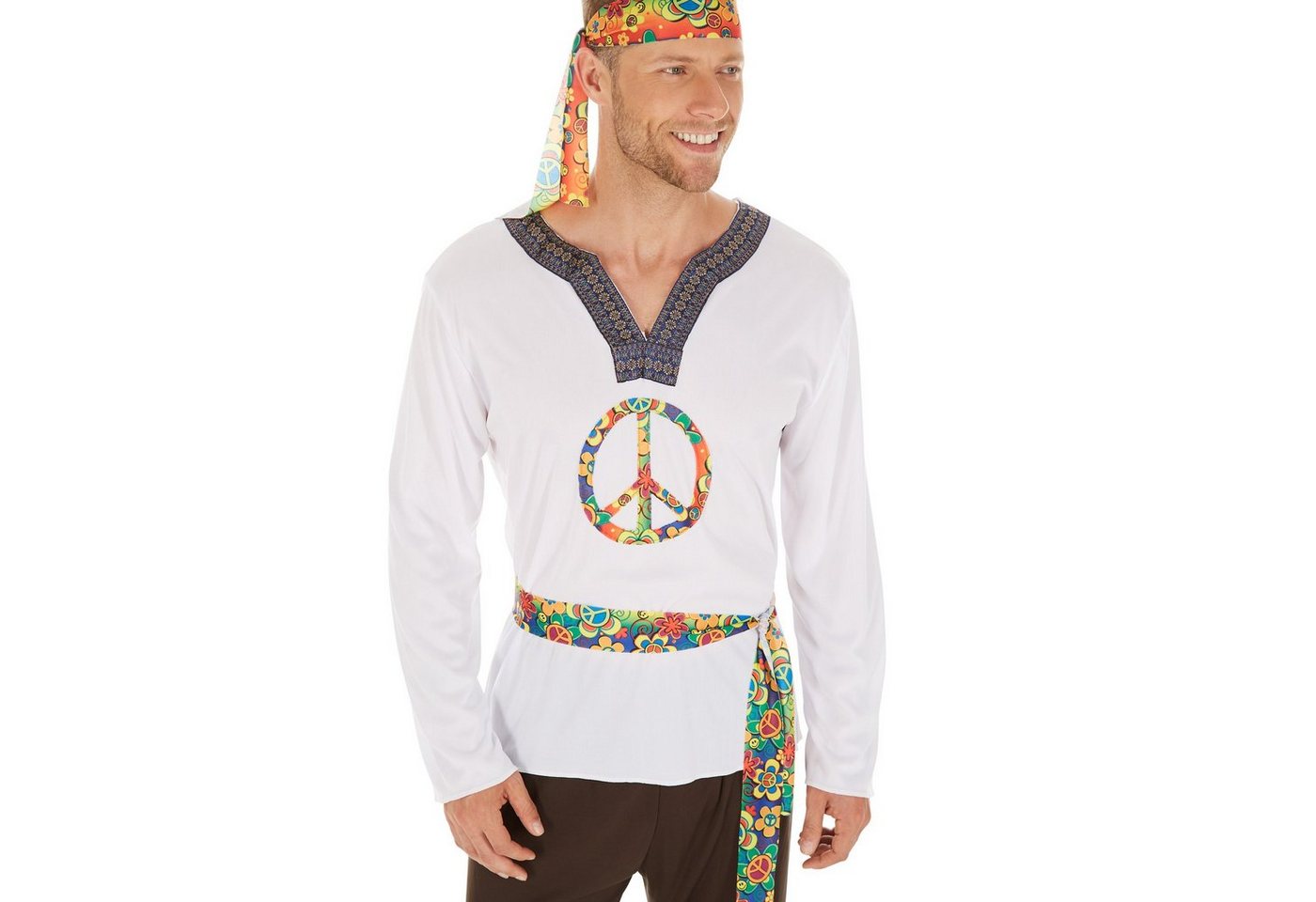 dressforfun Hippie-Kostüm Blumenkind/Friedensfreund, in braun/weiß, Gr. L, Inkl. Haarband, Jersey-Elastik-Langarmshirt, Schlaghose mit Gummizug, Bindegürtel Bild 5