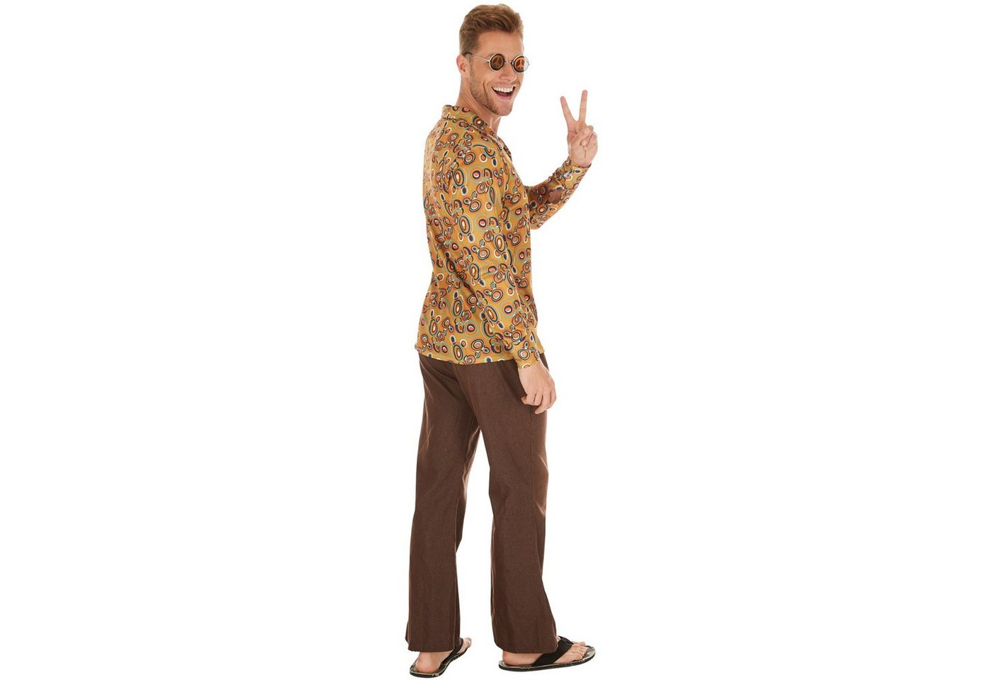dressforfun Hippie-Kostüm Blumenkind, auch Friedensfreund, in der Farbe braun gemischt, Gr. L, Retrohemd aus Elastik-Jersey, Lässige Hose in Jeansoptik mit Gummizug Bild 2
