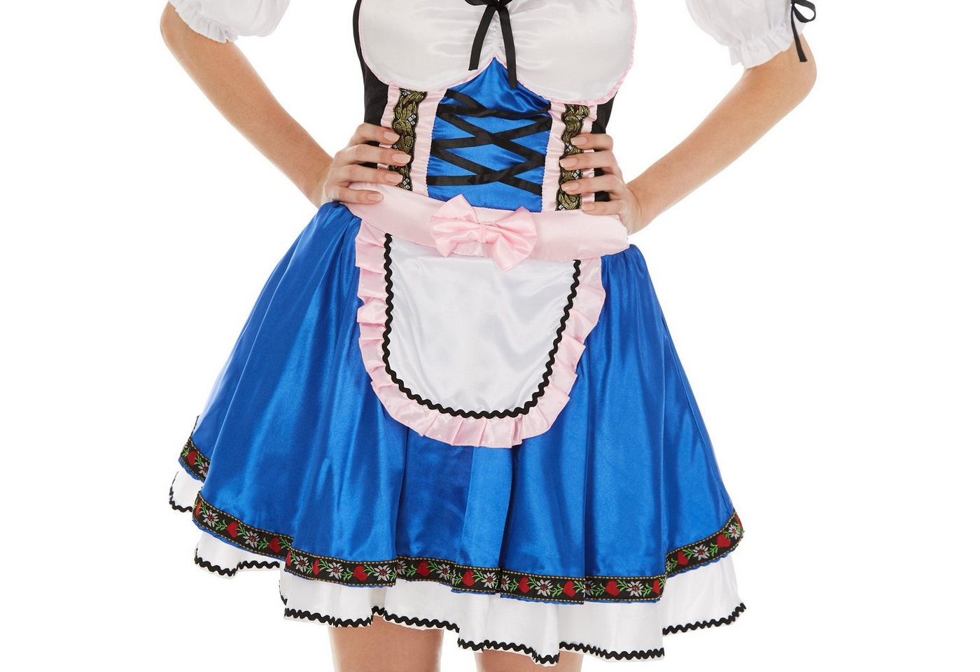 dressforfun Kostüm Dirndlkleid/Frauentracht, in der Farbe blau/weiß, Angenähte Bluse, Gr. XL, Inkl. Kniestrümpfe, Kurzes Dirndl, Schöner Satin-Look