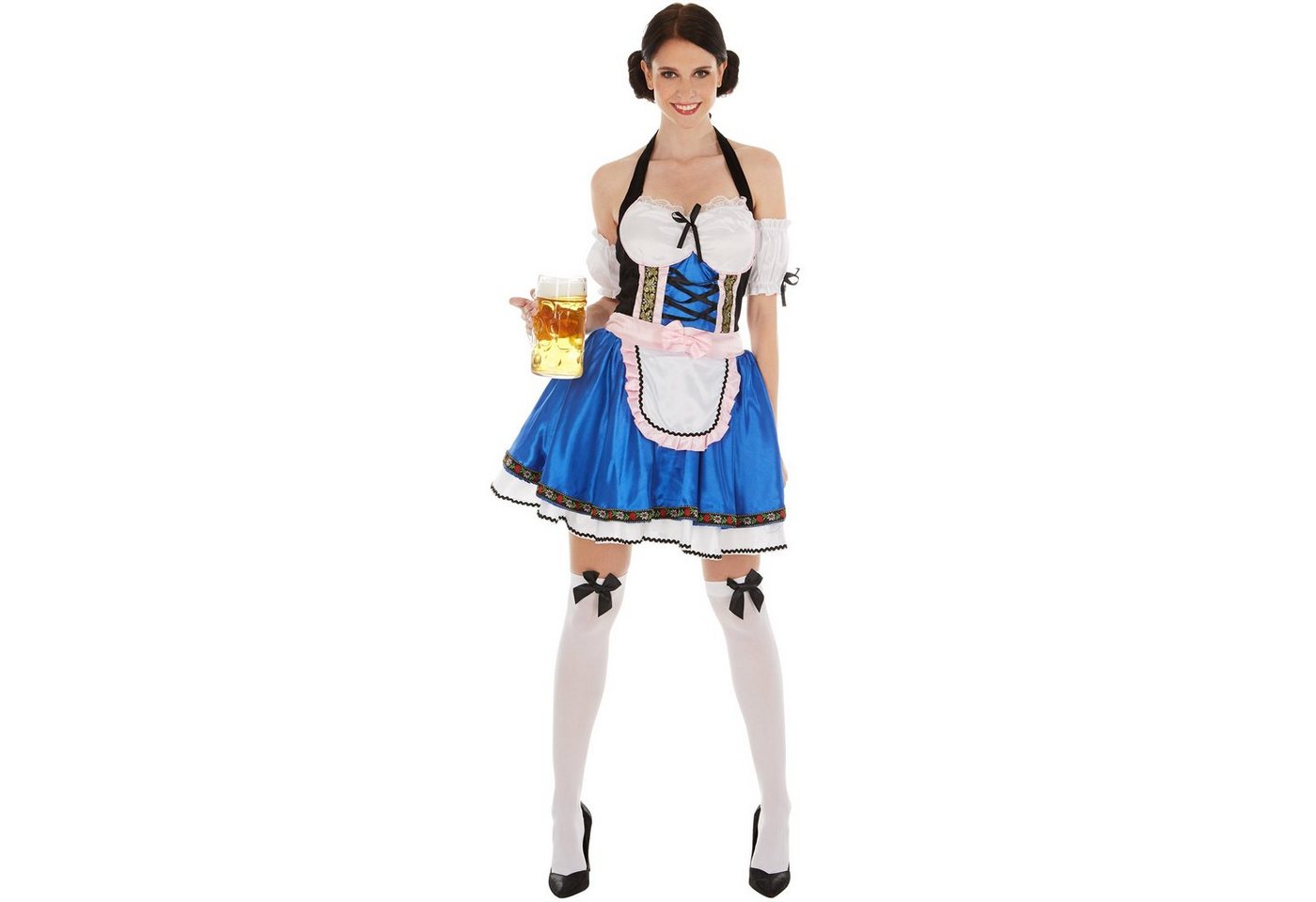 dressforfun Kostüm Dirndlkleid/Frauentracht, in der Farbe blau/weiß, Angenähte Bluse, Gr. XL, Inkl. Kniestrümpfe, Kurzes Dirndl, Schöner Satin-Look Bild 4