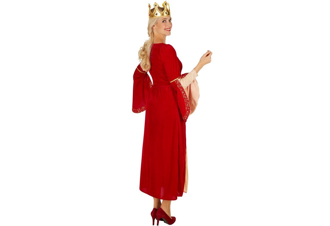 dressforfun Kostüm Herrscherin/Regentin, in rot, Gr. L, Aus schimmerndem Pannesamt, Königinnen-Kleid, Trompetenärmel, Verzierungen mit goldenen Bordüren Bild 3