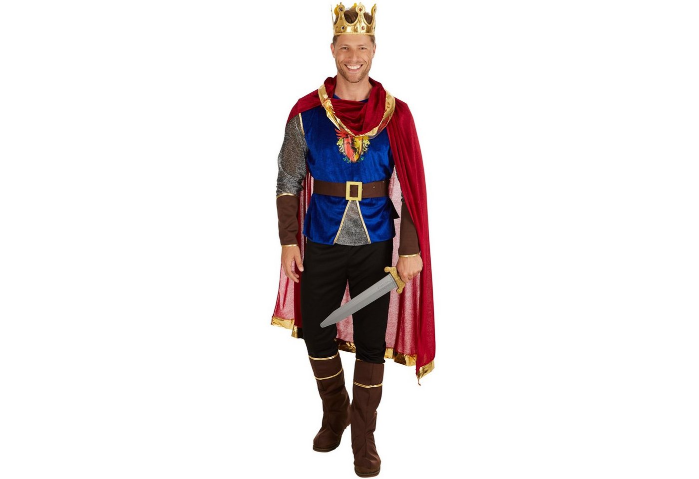 dressforfun Kostüm Herrscher/Regent, in bunt, Gr. XL, Langarmshirt mit Wappen-Aufdruck, Krone und Gürtel, Bequeme Hose, Edler Umhang, Stiefel- und Armstulpen Bild 3