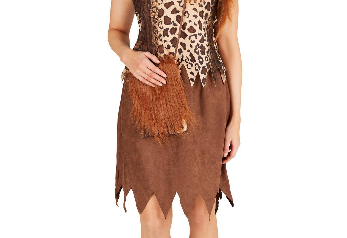 dressforfun Kostüm Höhlenmensch/Urzeitjäger, Gr. L, Freches Shirt mit Leopardenmuster, in braun gemischt, Rock mit Zacken am Saum, Inkl. und Umhängetasche Bild 3