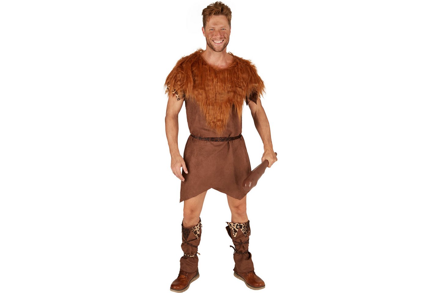 dressforfun Kostüm Höhlenmensch/Urzeitjäger, in braun gemischt, Gr. M, Bequemes Gewand, Perfektes wildes Karnevalskostüm, Inkl. Gürtel, Inkl. Beinstulpen