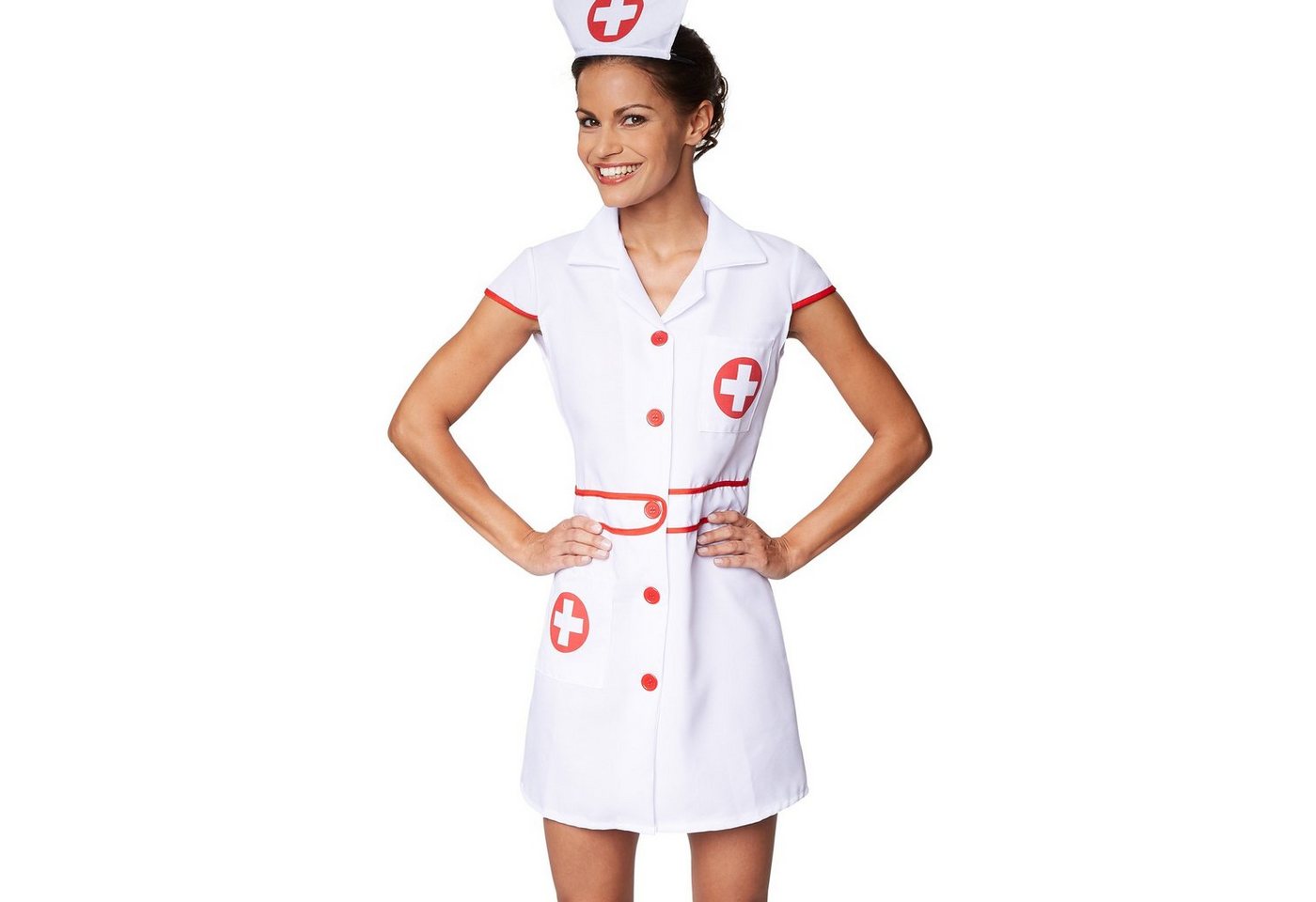 dressforfun Kostüm Krankenschwester/Pflegerin, in rot/weiß, Gr. M, Vorn mit Knöpfen, kurzes Kleid, Aufgedrucktes rotes Kreuz, Inkl. Haarreifen